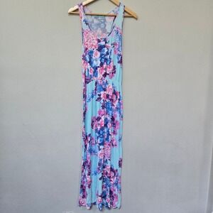 Filly Flair Maxi Dress Womens Medium Blue Pink Floral Racerback Summer Boho Long
